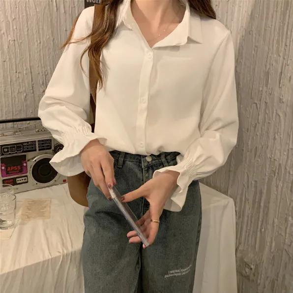 WTEMPO Damskie biało-czerwone koszule z długim rękawem o luźnym kroju na wiosnę i jesień, damskie wszechstronne bluzki casual z kołnierzykiem i guzikami