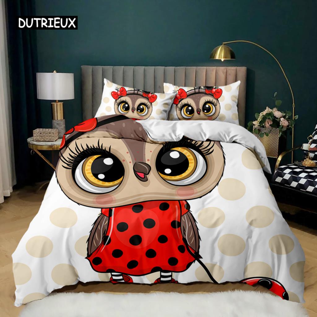Owl Duvet Cover Adorable Cartoon Soft Microfiber Bedding Set Twin Double Queen King Size Animal Theme