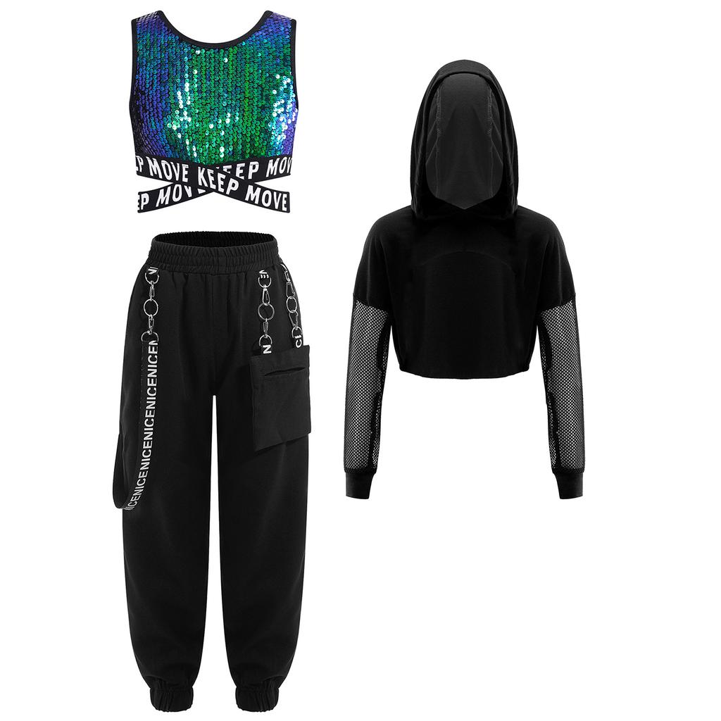 Kids Girls Street Dance Outfit 3Pcs: Sequins Criss-cross Waist Vest & Metal Chain Pocket Pants with Sheer Mesh Long Sleeve Hoodie for Performance