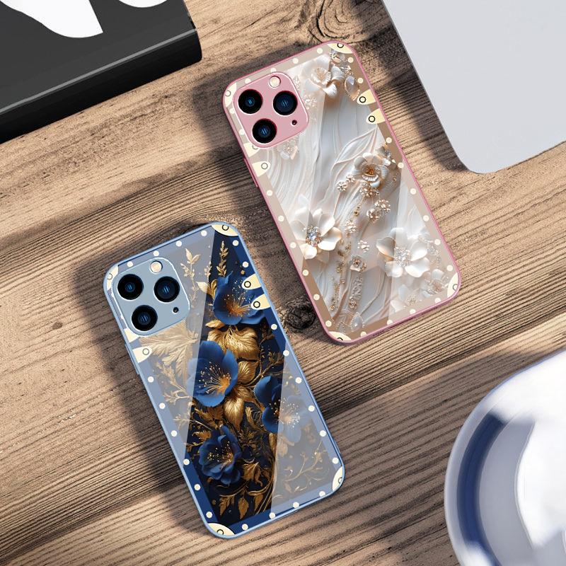 Box Pink Flowers For IPhone 16 Pro Max 15 Pro 14 13 12 Mini 11 XS Max XR 7 8 Plu SE 2022 Tempered Glass Phone Case