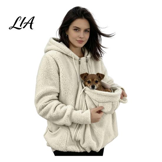 Casual Outing Hoodie Pet Pouch Zip-up for Women, Cat Dog Carrying Pocket Hooded Warm Fleece Jacket Sweatshirt, Winter Long Sleeves Animal Lovers