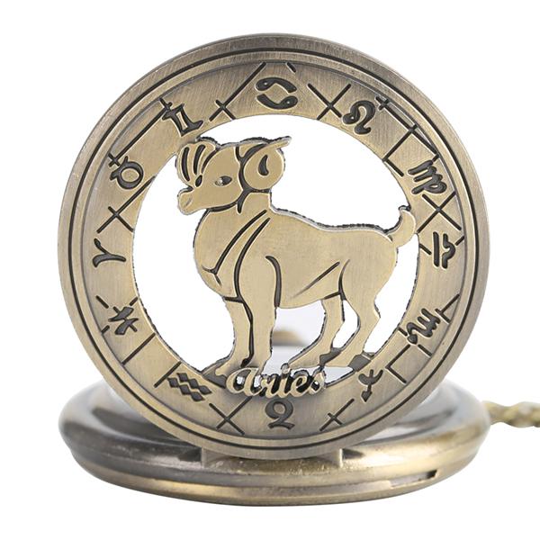 Aries Design Quartz Pocket Watch Bronze Zodiac Constellation Watch with Chain Men Women Gift