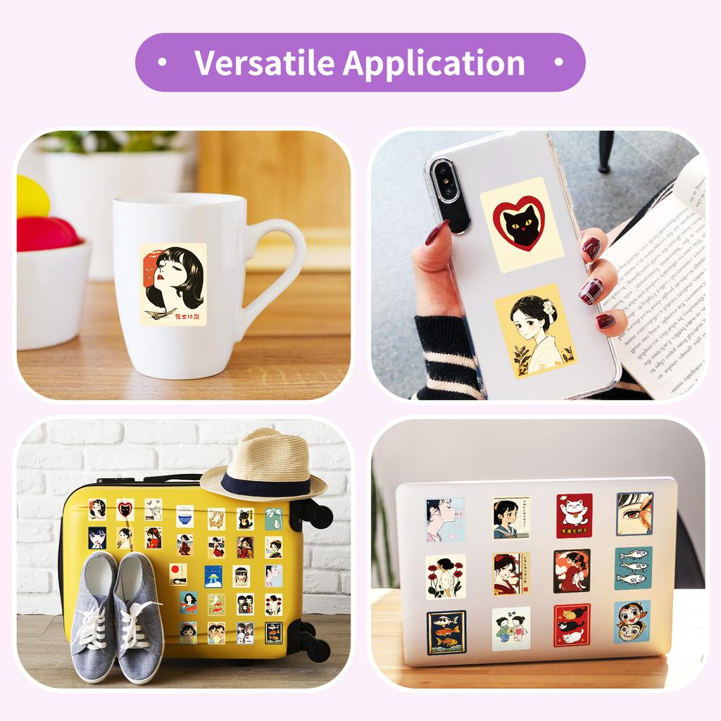 50 Stück Japanische Retro Mädchen Cartoon Aufkleber, Anime Abziehbilder für Journal, Wasserflasche & DIY Dekoration