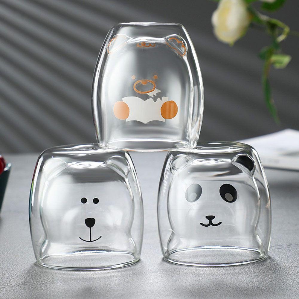 250-300ml Cat Mugs Double Glass Cup Large Capacity Portable Bear Cartoon Coffee Cup Tea Cups with Handle Glass Water Milk Mug