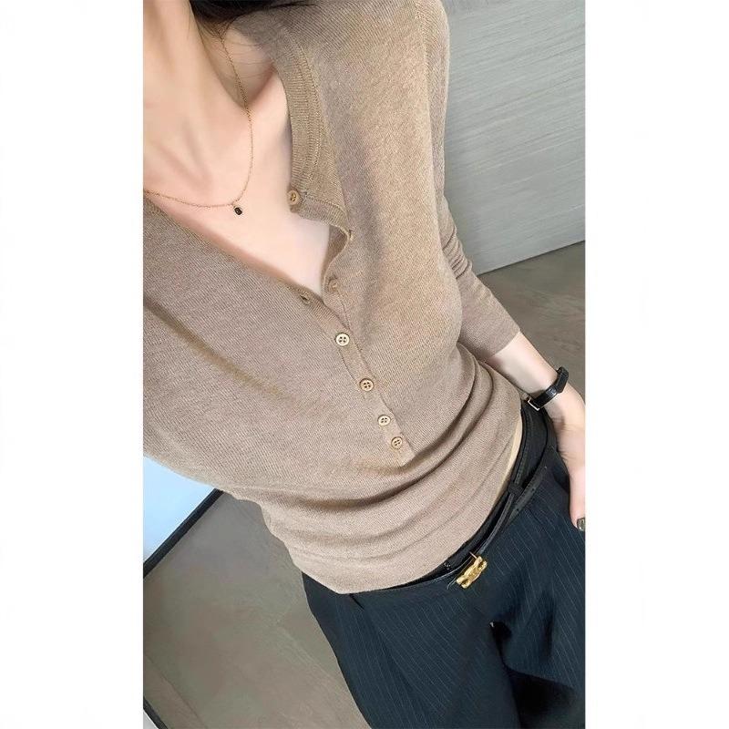Button half open neck ice silk knitted long-sleeved shirt women's summer thin soft waxy slim slim bottom top