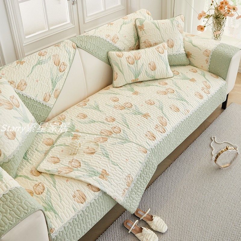 

Korean Style Small Floral Cotton Sofa Cushion Pure Cotton Fabric Non-Slip Sofa Cover Backrest Towel All Year Round Neutral Machine Washable Tulip 30*50cm waist pillowcase without core