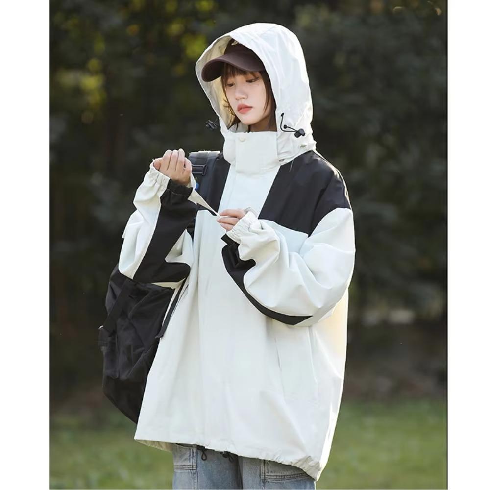 Women's Casual Outdoor Contrast Color Waterproof Hooded Jacket Autumn Winter Unisex Zipper Closure Lightweight Windbreaker for Hiking Camping