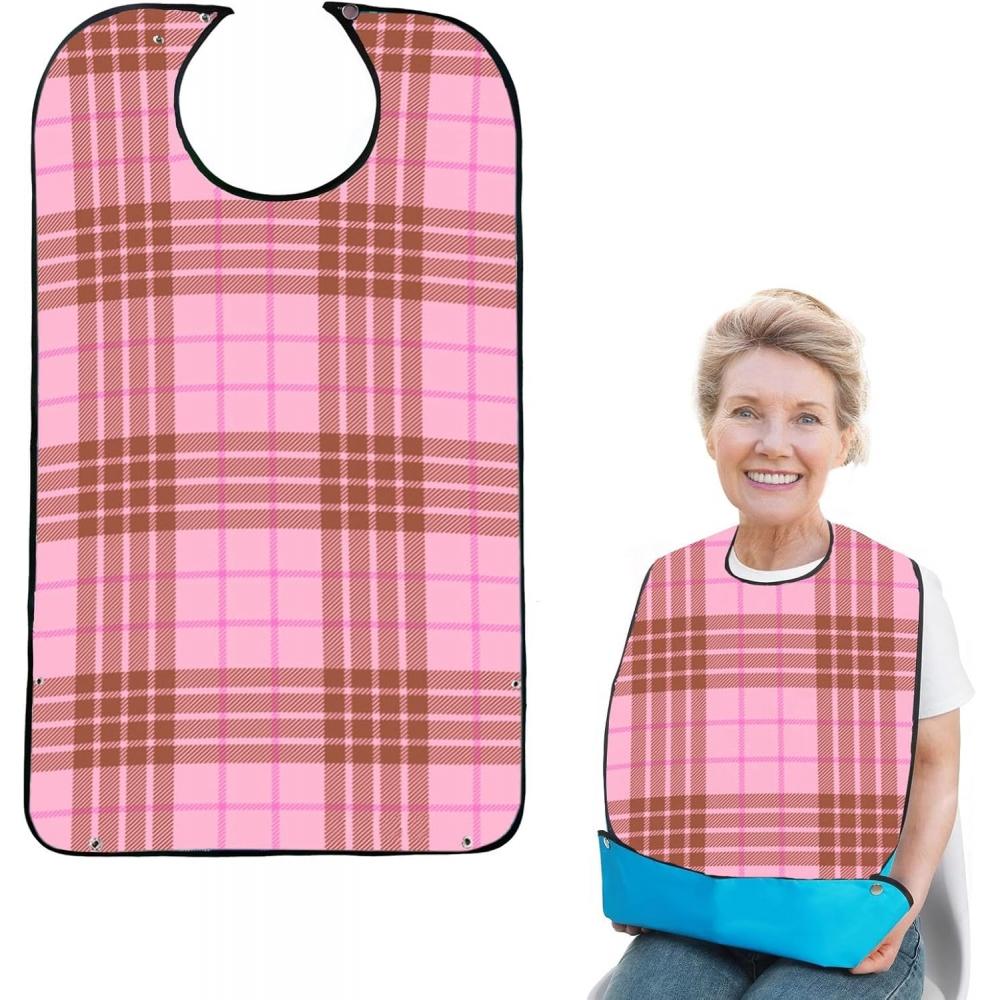 Hiliboo Waterproof Dining Apron For Seniors Pink Checkered Pattern