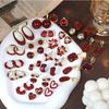 Silver Needle Red Heart Pearl Drip Stud Earrings: French Retro Vintage Ear Cuffs for Autumn and Winter.