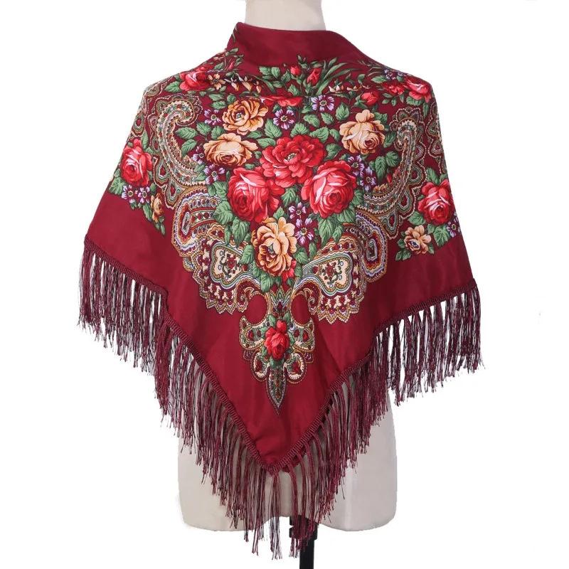 90*90Cm Ethnic Style Headscarf Square Scarves For Women Retro Peony Flower Print Fringed Shawl Handkerchief Cotton Head Wraps