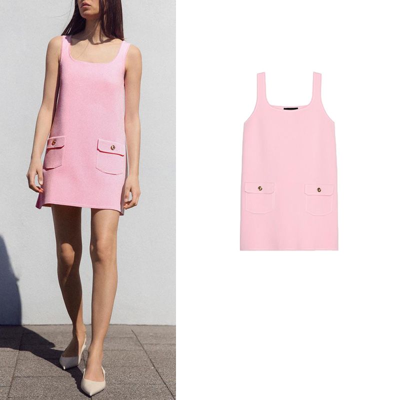 Spring and Summer New Women's Clothing Flip Stickers Pocket Decoration Short Sleeveless Square Collar Spaghetti Straps Knitted Dress 4192054