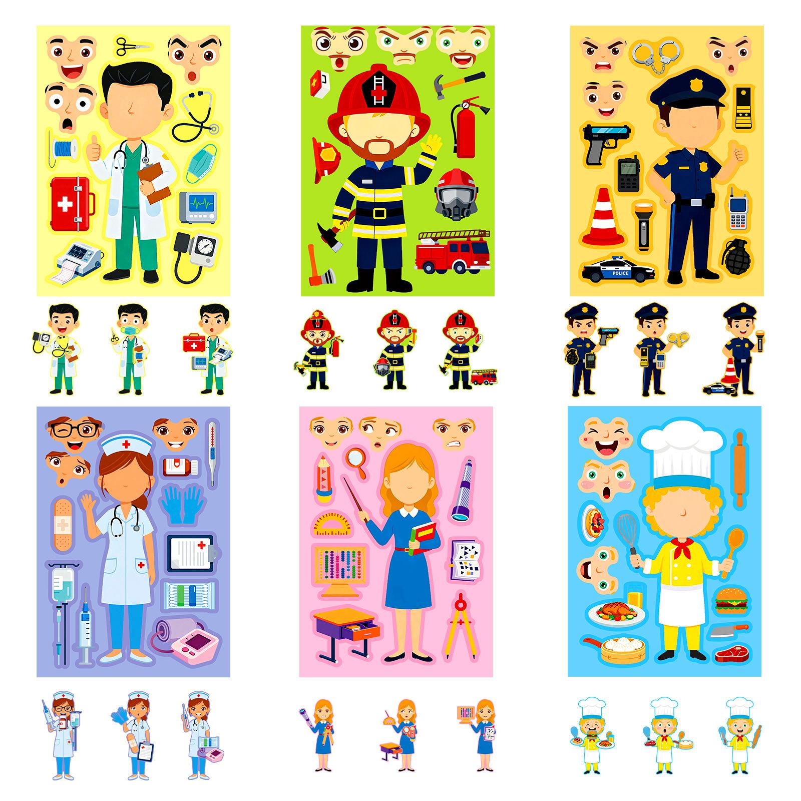 

6/12 Pcs Large Different Profession Puzzle Make A Face Stickers Educational DIY for Notebook Stationery Box Desk Drawer Craft