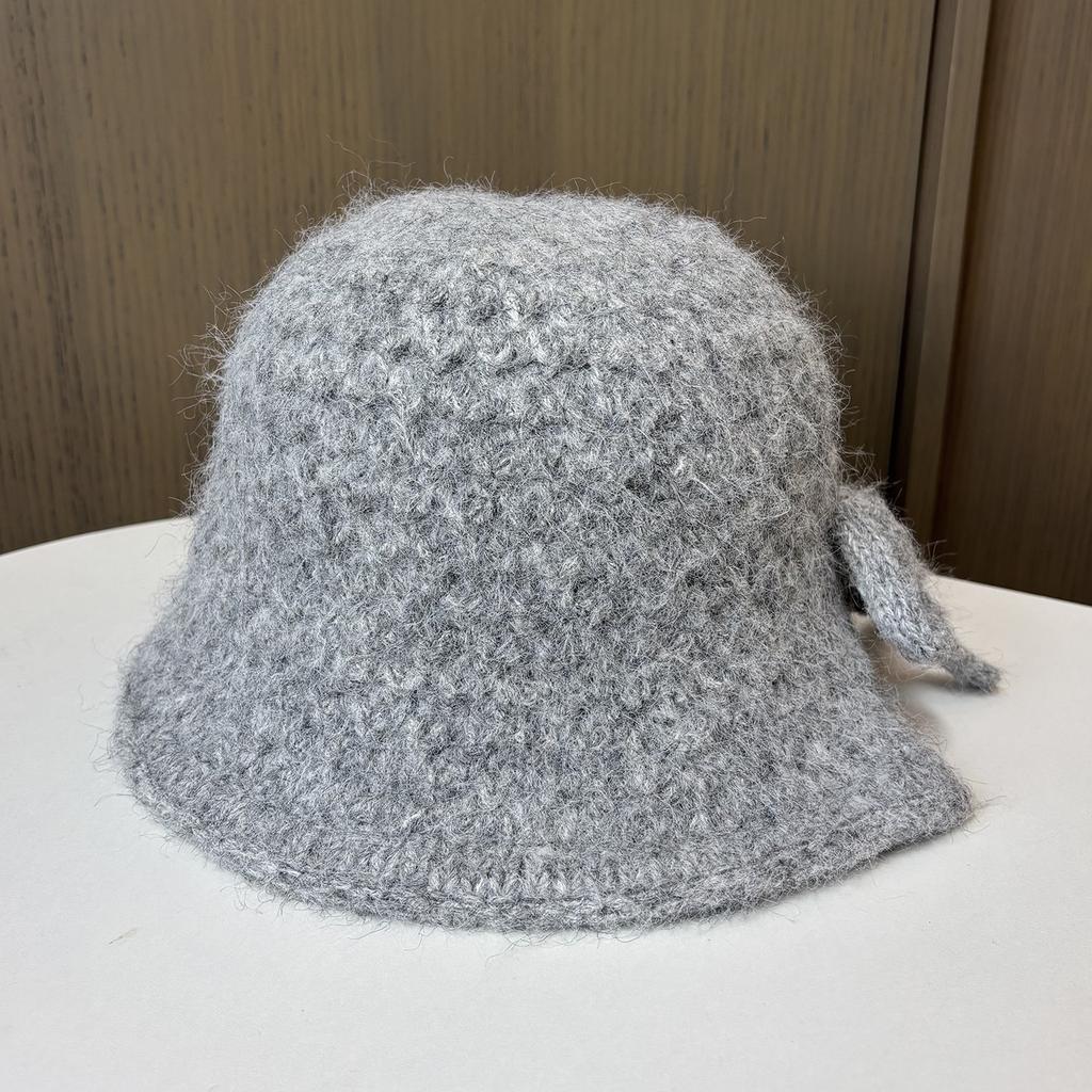 Sweet Bow Knitted Bucket Hat Women's Autumn and Winter Advanced Sense Warm Ear Protector Basin Hat Rear Split Bucket Hat