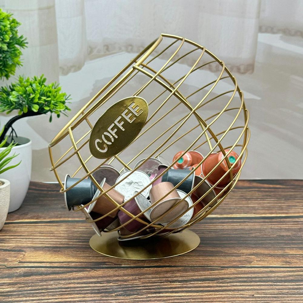 Oblique Fruit Basket Iron Art Hollow Out Coffee Capsule Snacks Storage Basket, Gold/COFFEE Letter