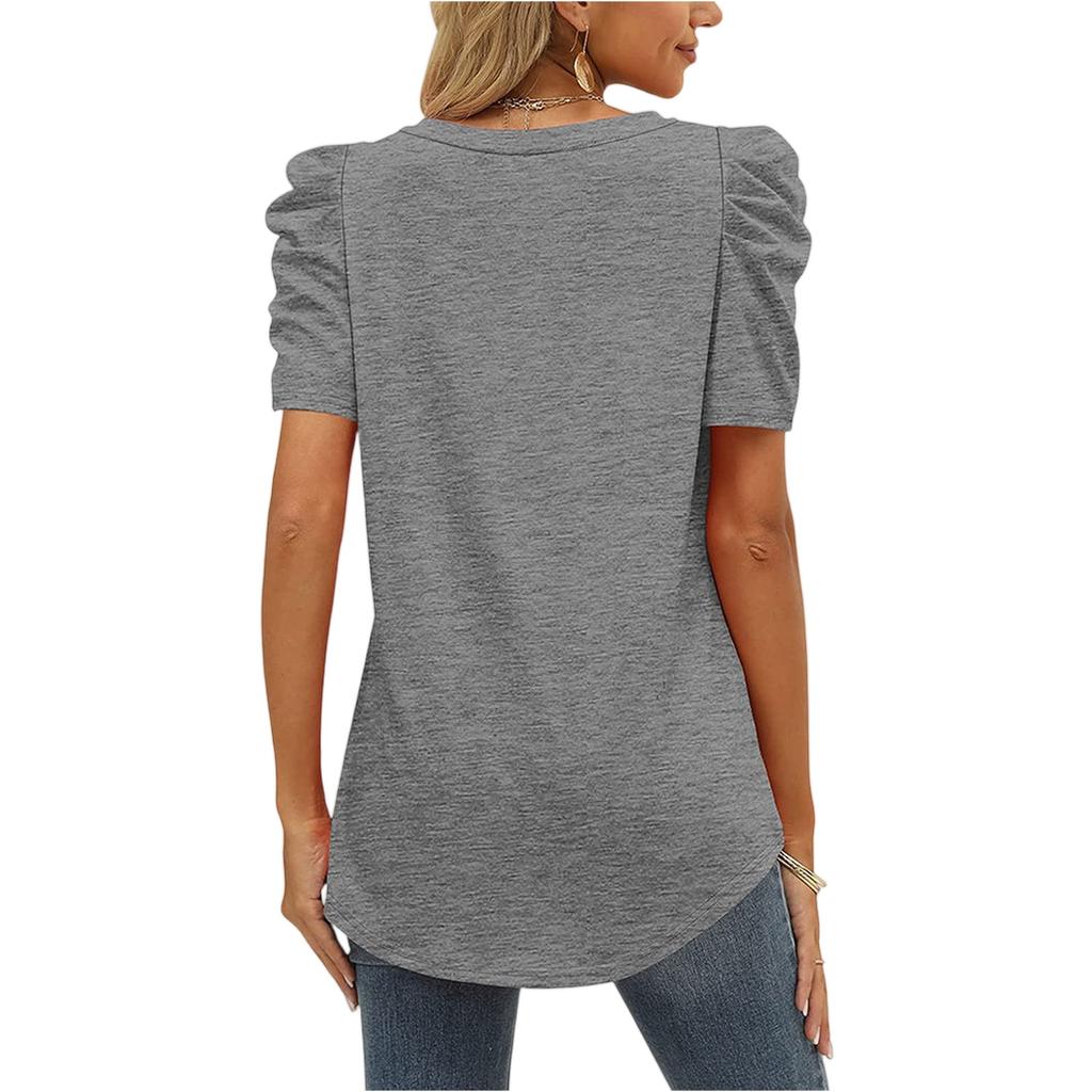 Women's Casual Ruffled Patchwork V-Neck Short Sleeve T-Shirt Top