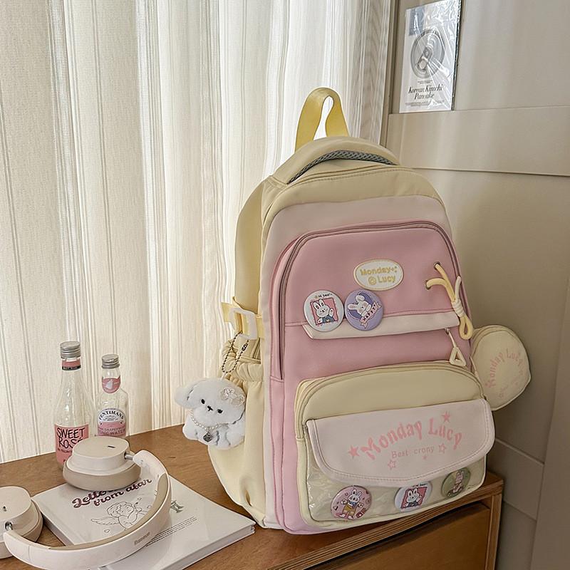Color Simple Blocked Letter Pattern Student Backpack With Badge Pendant And