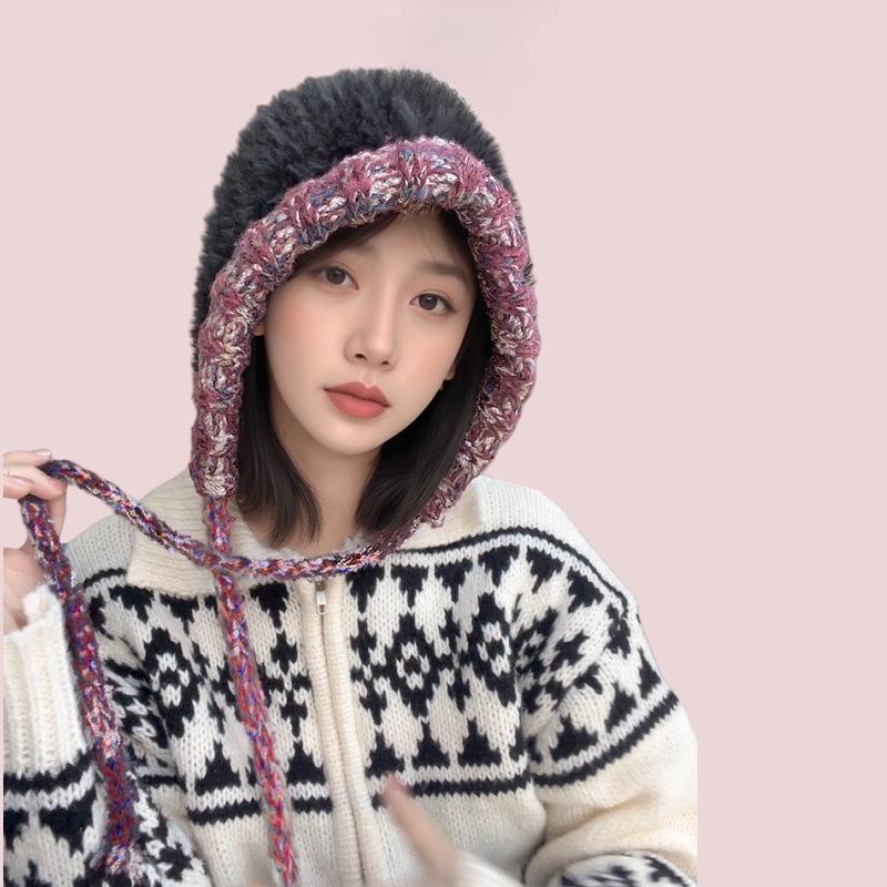 Dámská Fair Isle šněrovací čepice s ochranou uší: Silná, teplá pletená čepice s bambulí na podzim a zimu