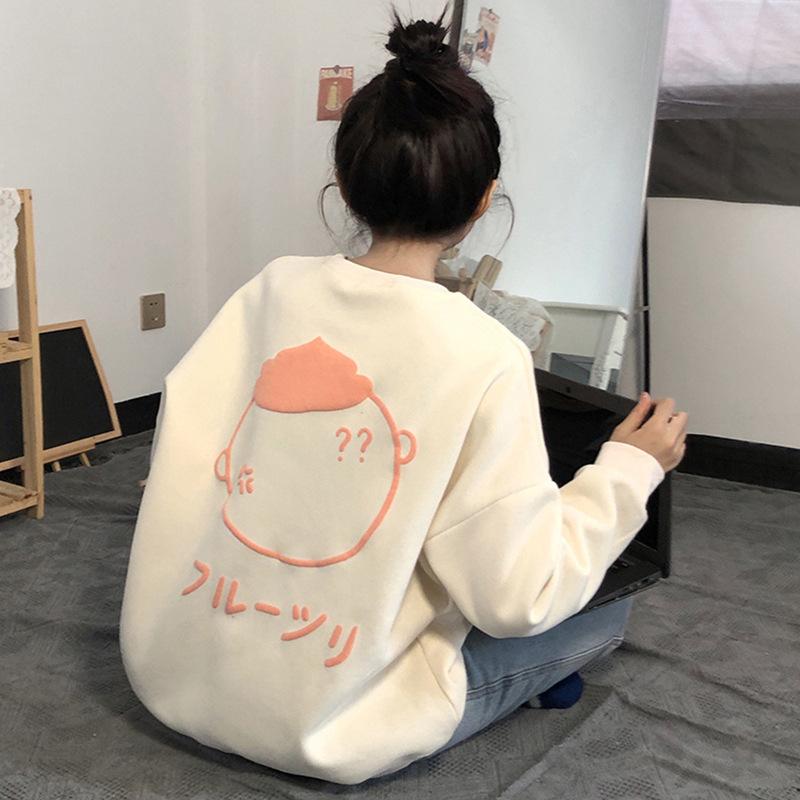 Japanese cartoon printing fleece thickened crew neck sweater jacket new loose warm in autumn and winter