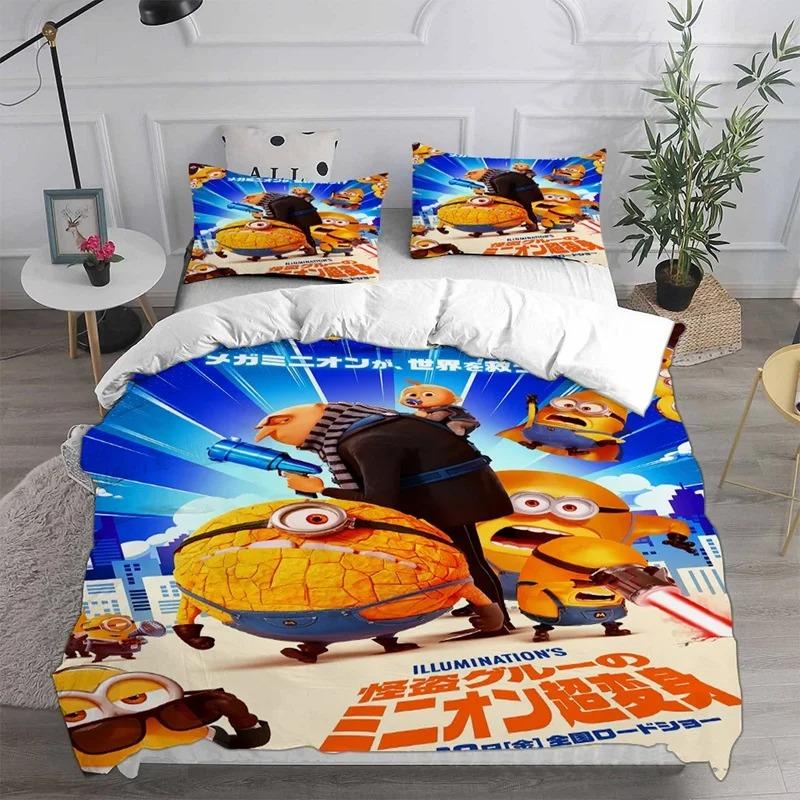 Mini-ons Anime Printed Home Pillowcase Duvet Cover Indoor Bed Comfortable Polyester Three Piece Set Full Size Customizable