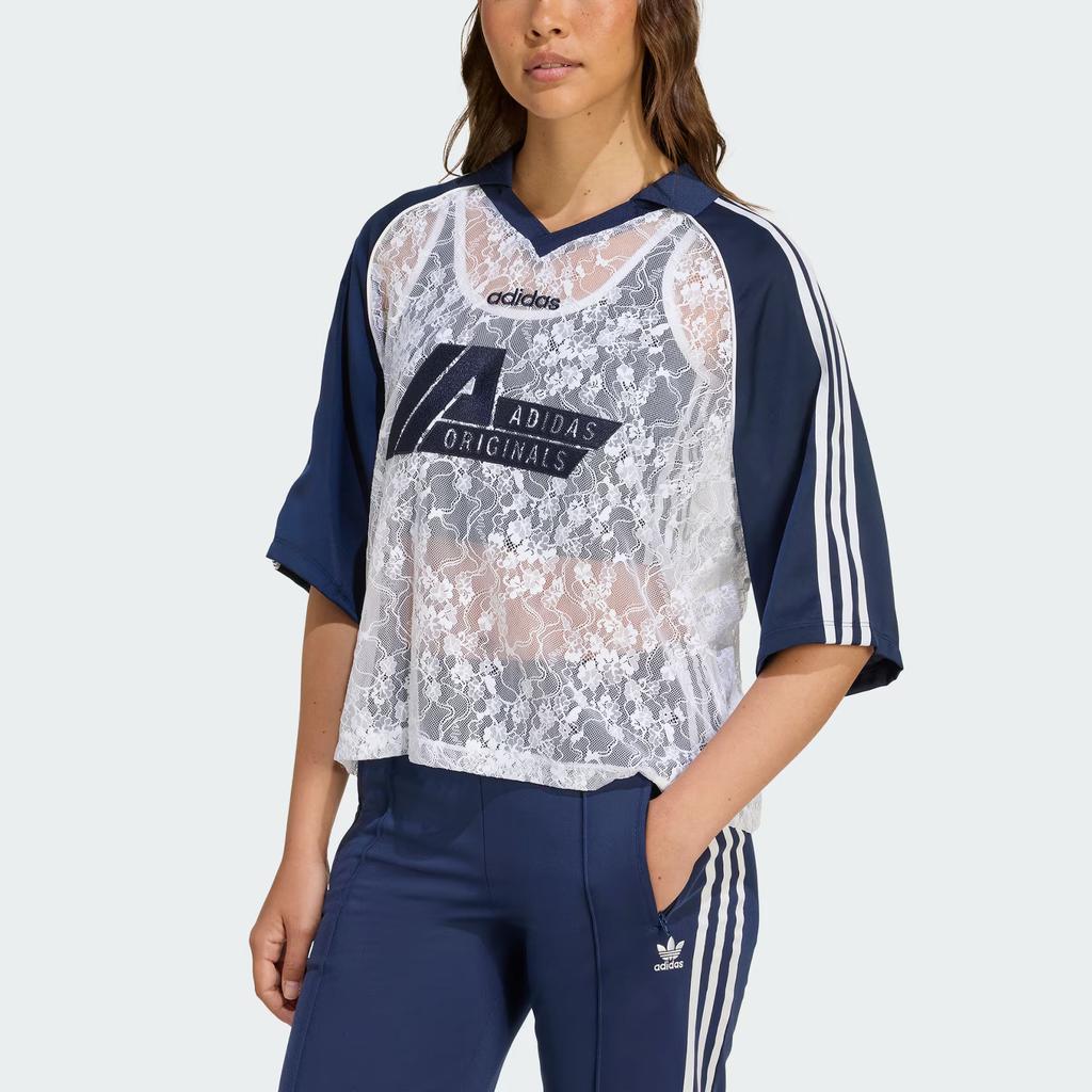 Adidas Oryginalna Koronka 3 Wygodna Stylowa Sportowa Koszulka Piłkarska z Krótkim Rękawem Damska Biała Głęboki Indygo KD2275