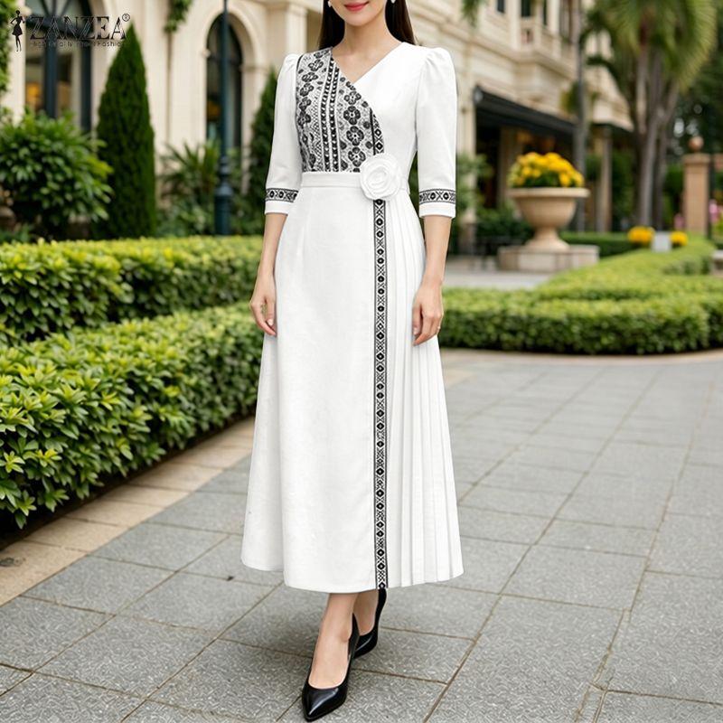 ZANZEA Women Casual V-Neck 3/4 Sleeve Loose Print Elegant Dress M белый