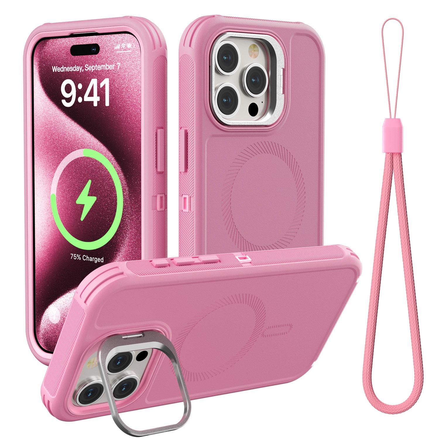

For iPhone 15 Pro Max Magnetic Case Lens Kickstand 3 in 1 Detachable TPU+PC Phone Back Cover with Lanyard Pink