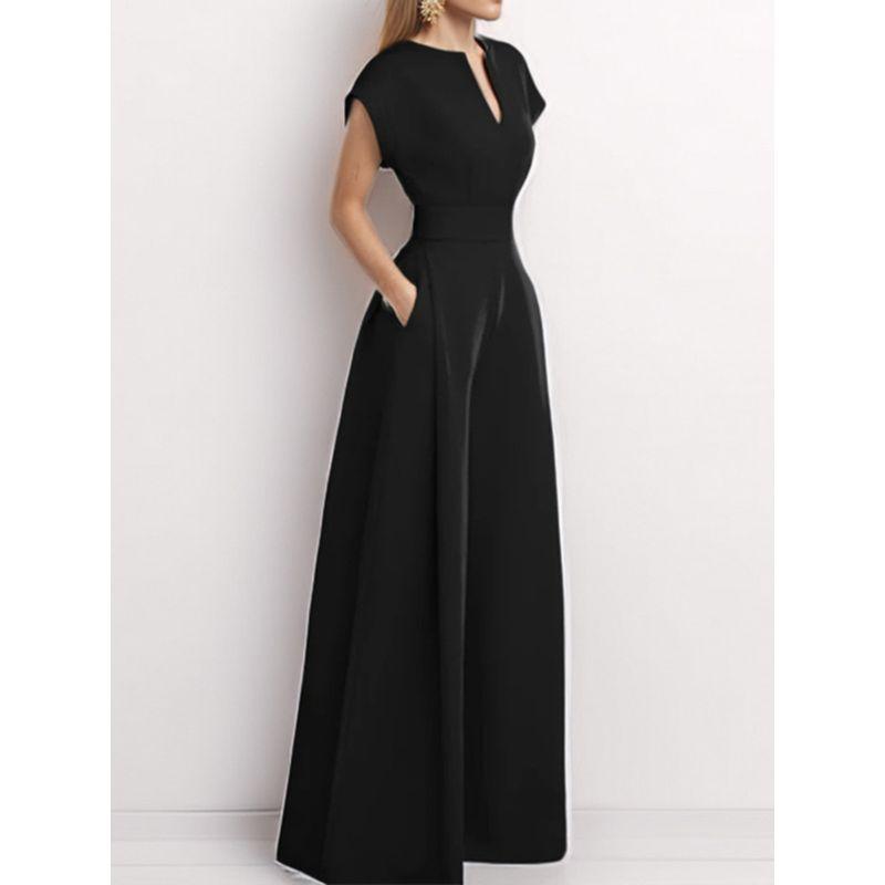 European and American Loose Fashion Short Sleeve V-neck Solid Wide Leg Jumpsuit V-Neck Wide Leg Jumpsuit