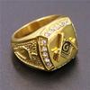 Unisex Gold Rhinestone Freemasonry Ring - Stainless Steel Diamond Inlaid