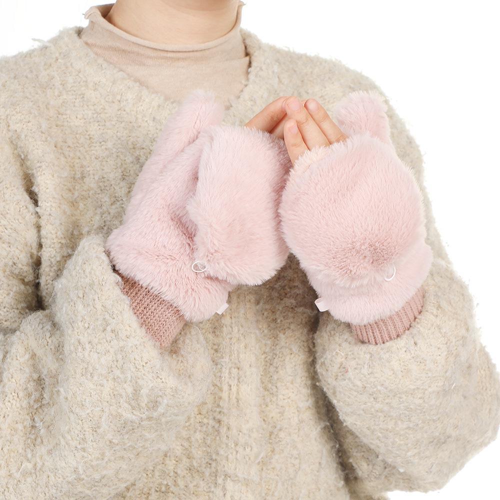 

Милые японские плюшевые варежки с имитацией меха кролика и халтер-шейным воротником - теплые зимние перчатки без пальцев для женщин. розовый