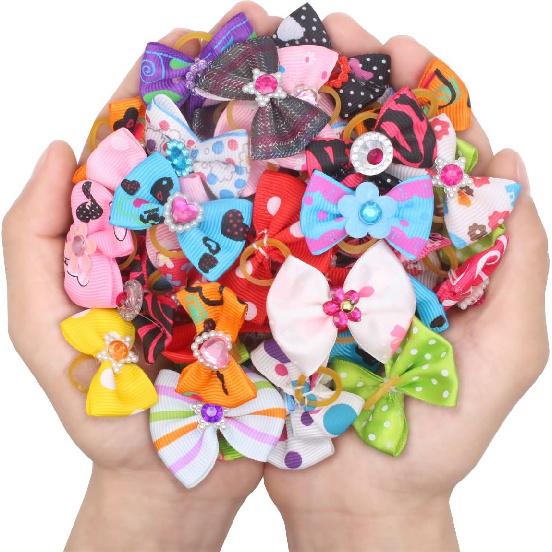 YOY 50 Pcs Adorable Grosgrain Ribbon Pet Dog Hair Bows with Elastic Rubber Bands - Doggy Kitty Topknot Grooming Accessories Set for Long Hair Puppy