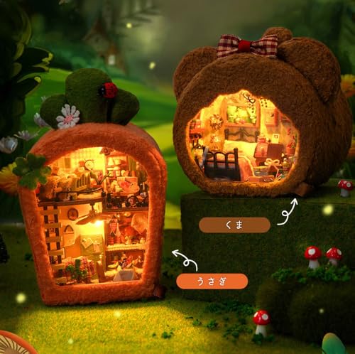 Moin Moin Dollhouse Miniature DIY Kit Set, Fluffy Animals, Carrot, Orange, Rabbit, Two-Story, Palm-Sized, Beginner-Friendly, Interior Design, LED Ligh