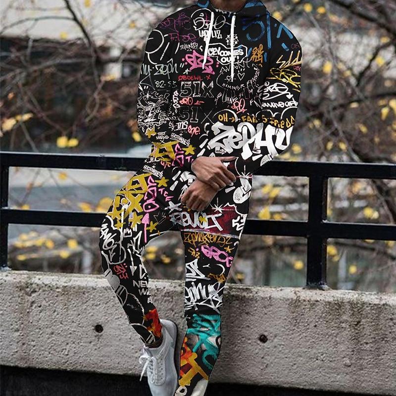 

Men s Graphic Letter Graffiti 2pcs 3D Sweatshirt Hoodie Tracksuit Long Sleeve Hooded Fashion Streetwear Casual Daily Sports M