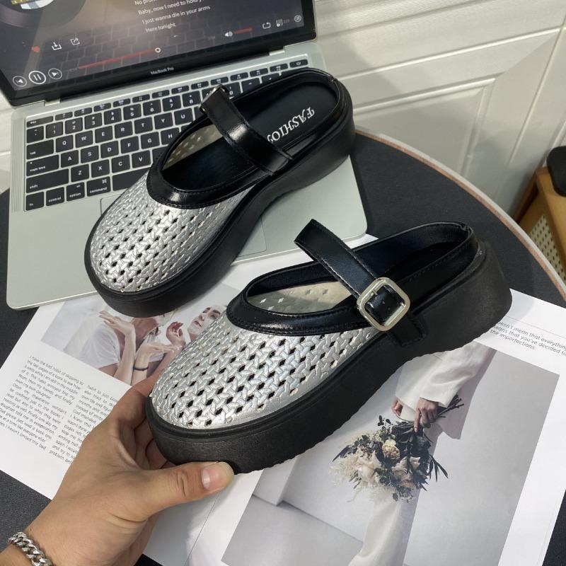 Going Out High-end Thick-soled Woven Hollow and Breathable Bag Head Half Slippers Women's New Summer One-pedal Sandals
