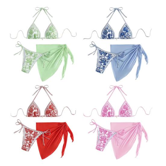 3Pcs/Set Swimsuit Set Halter Chest Pads No Steel Support Bra Swimming Briefs Cover Up