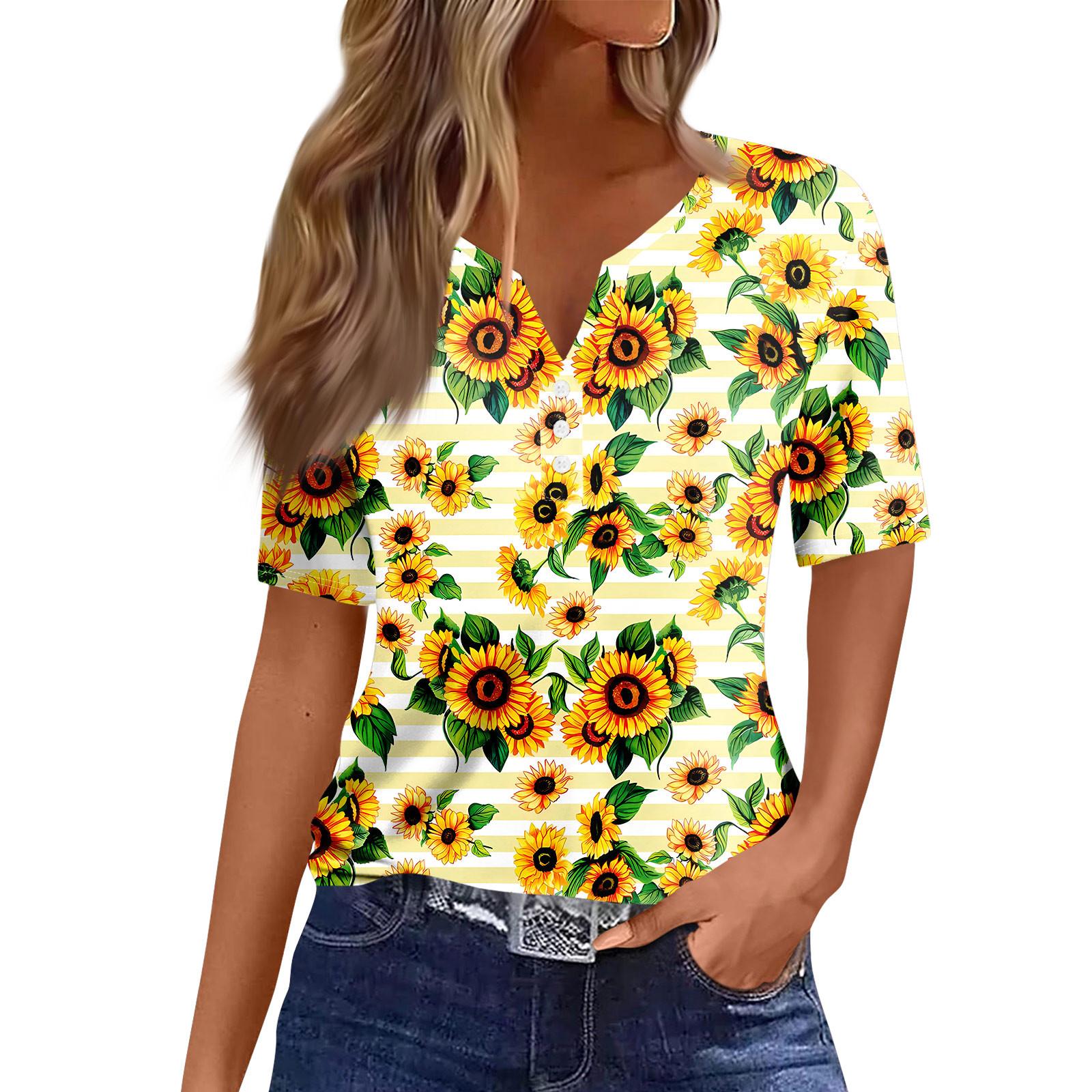 

Женская повседневная футболка с короткими рукавами, V-образным вырезом и декоративными пуговицами XL жёлтый