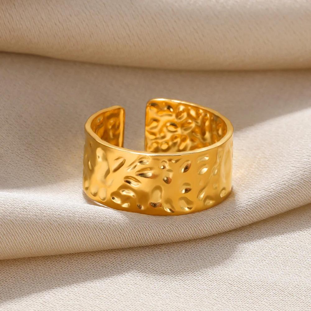 Stainless Steel Geometric Rings For Women Men Gold Color Wide Oval Jewelry Hippie Punk Opening Ring Wedding Party Gift