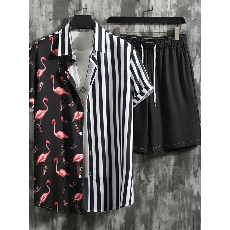Set Camicia a Maniche Corte e Pantaloncini da Spiaggia da Uomo Stampa Elegante Camicia Casual da Uomo Pantaloncini da Uomo per Feste Estive