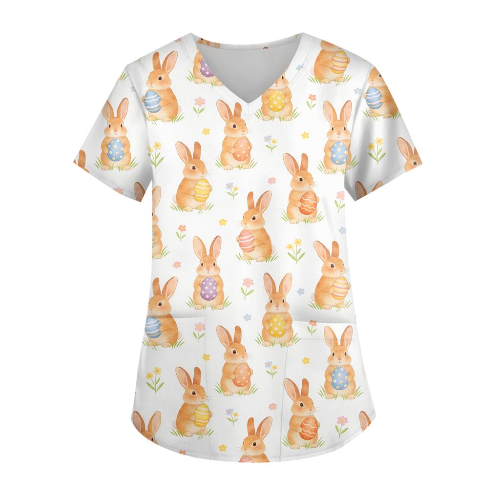 Ladies' Easter printed fashionable V-neck pocket short sleeved uniform and caregiver top