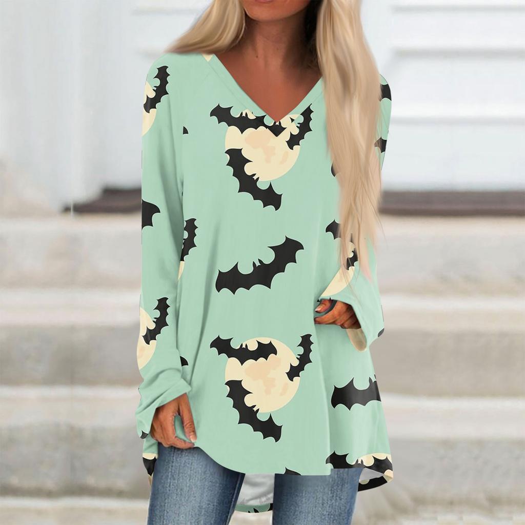 Women's Casual Long Sleeved V-neck Halloweenl Print Long Loose T-shirt Top