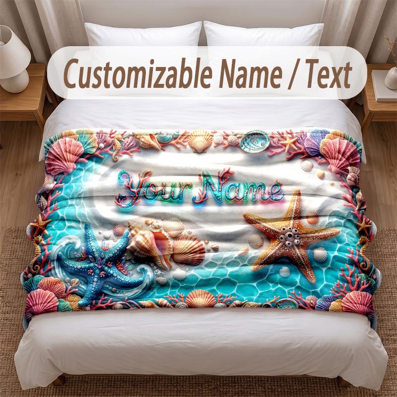 Fish Ocean Theme Soft Blanket Personalized Custom Name Text Print Warm Blanket Home Sofa Bedroom Decor