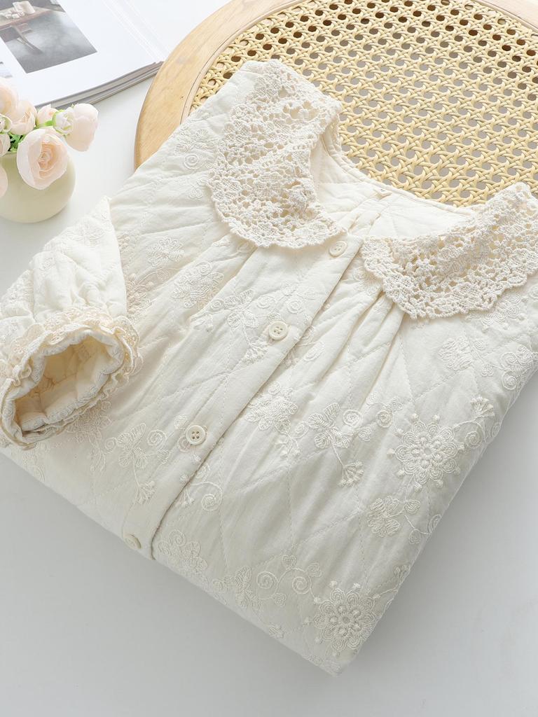 Women's Retro Lace Trim Jacquard Long Sleeve Quilted Shirt - Winter 2025 Edition