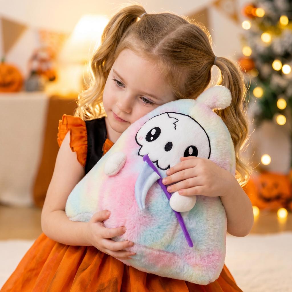 Halloween Plush Skull Figurine with Scythe Decorative Soft Toy Standing 30cm Tall Halloween Themed Collectible Figurine for Seasonal Display