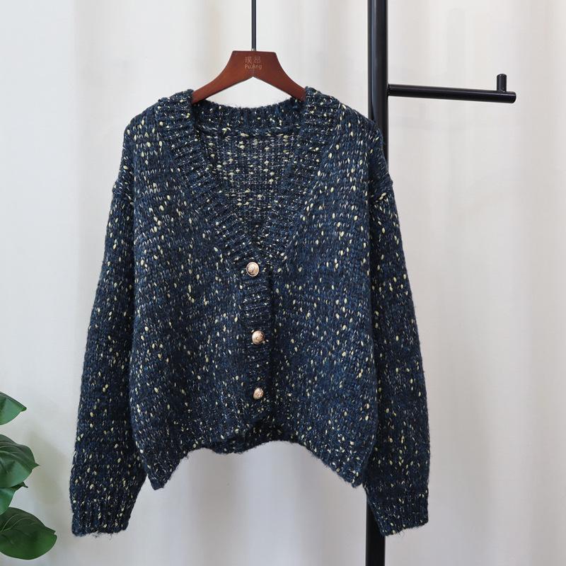 Autumn and winter new V-neck loose short knitted cardigan gentle wind soft waxy lazy wind sweater jacket women