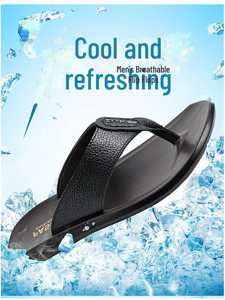 Men's Genuine Leather Summer Flip Flops - Breathable Non-Slip Beach & Casual Home Sandals