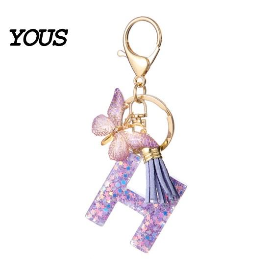 Key Holder For Backpack Purple Series Keychain Pendant, Sequins Star Initial Letter Charm Chain with Butterfly Tassel Design, A-Z for Bag