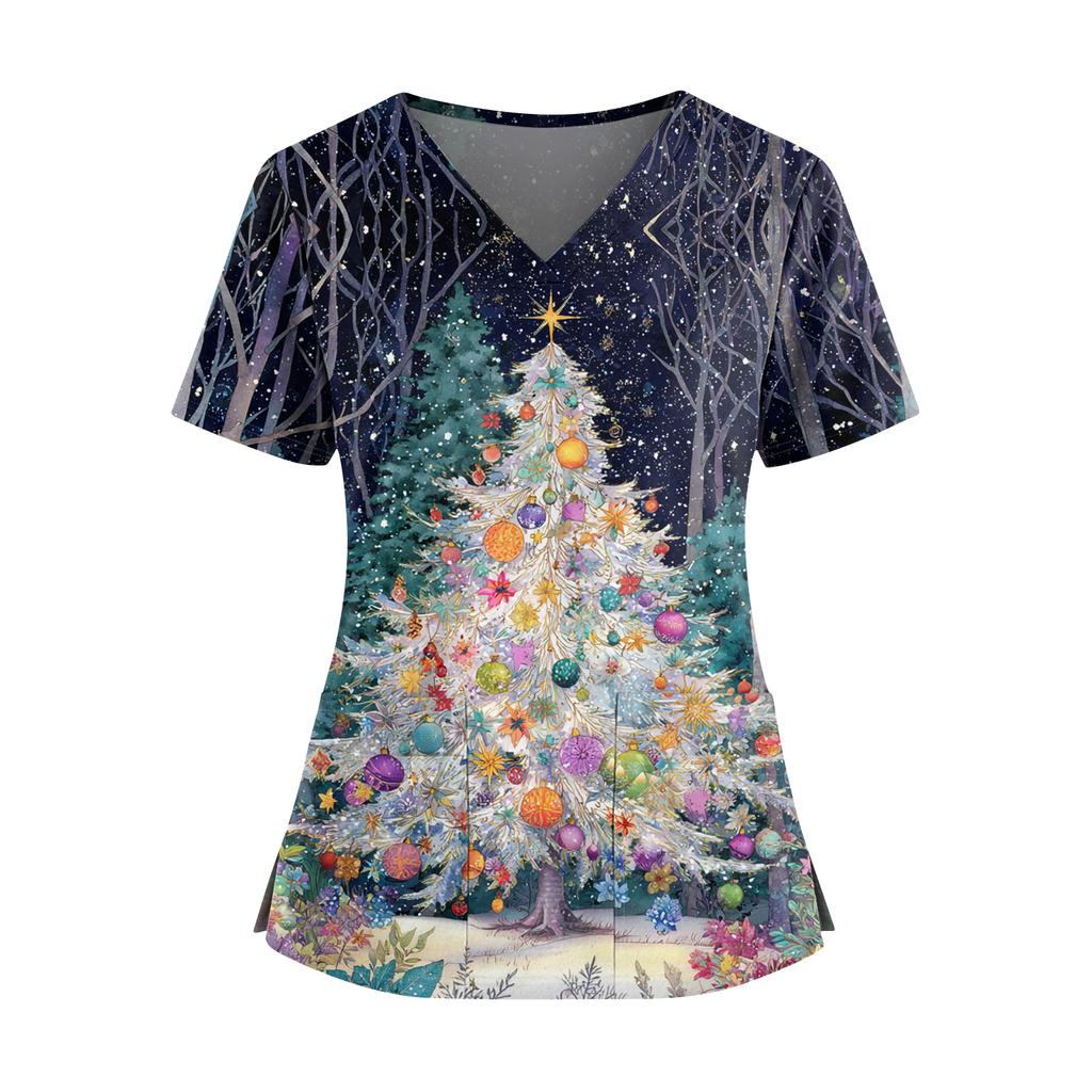 Women's Christmas Printed V-Neck Double Pocket Short Sleeves Hem Slit  Uniform Caregiver Top