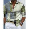 Men's long-sleeved shirt, geometric plaid patchwork print, casual business style,