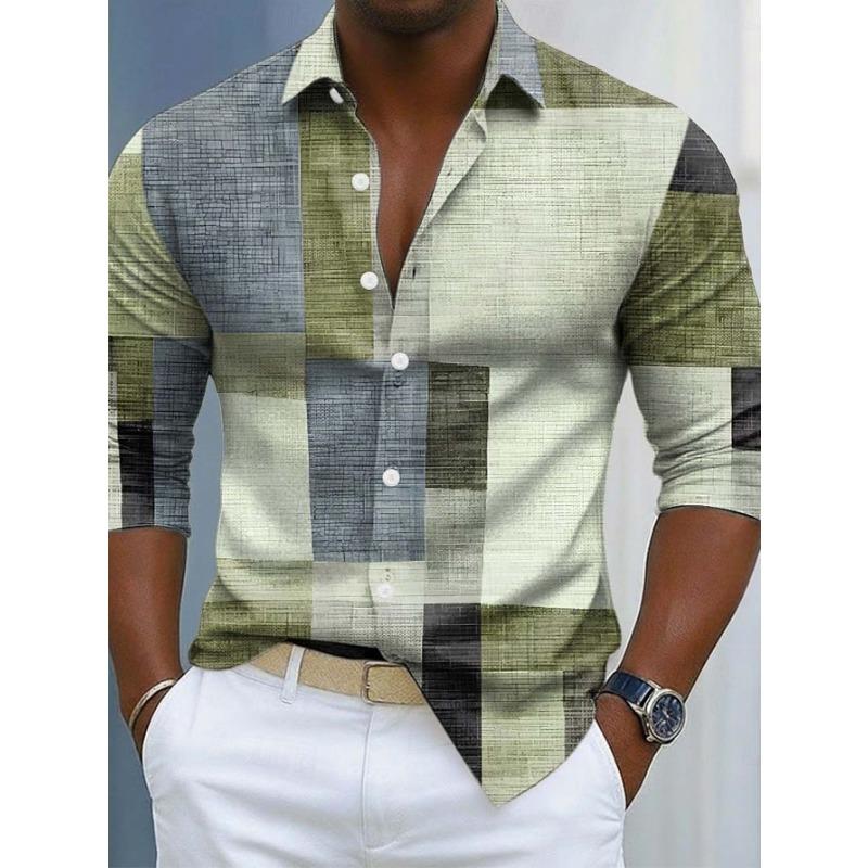 Men's long-sleeved shirt, geometric plaid patchwork print, casual business style,