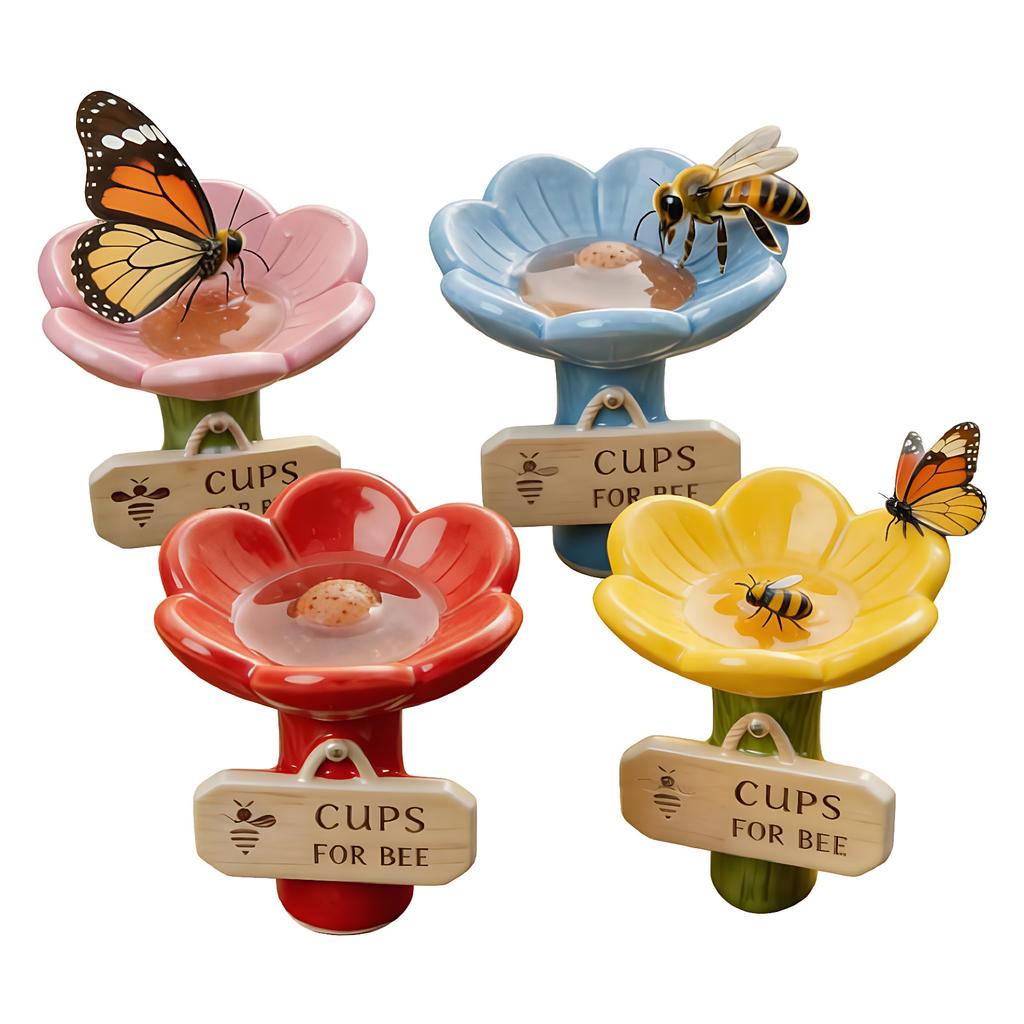 4 PCS Bee Watering Station Flower-Shaped Butterfly Feeder Colorful Butterfly Bee Bath Bowl for Outdoor Garden