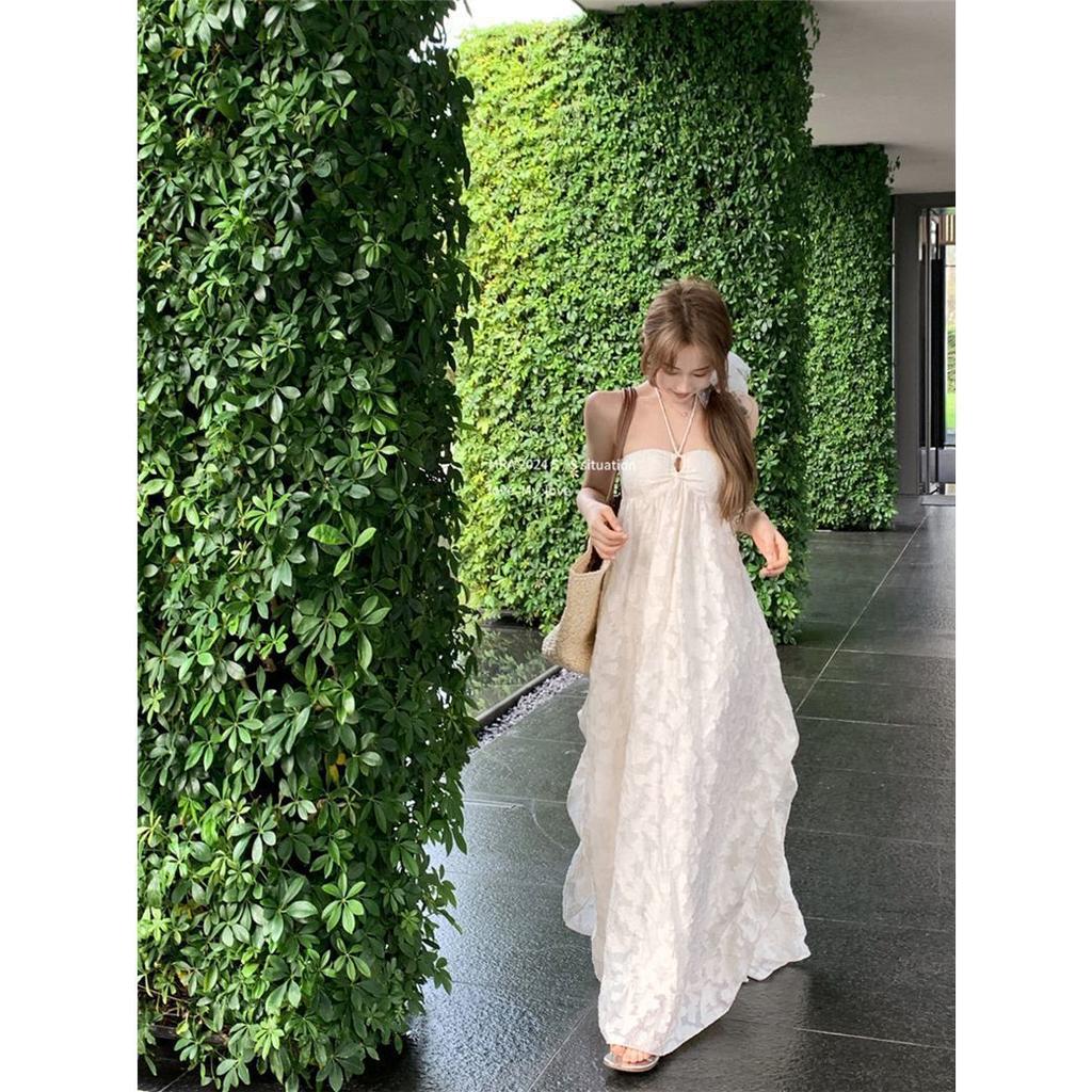 French Neck Dress Women's Summer Seaside Vacation Wind Backless Long Dress Super Fairy Temperament Loose a Word Skirt